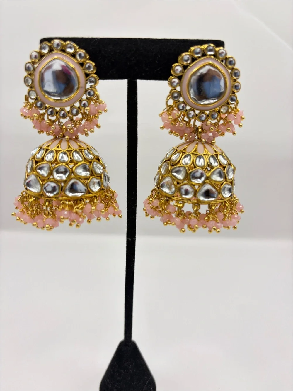 Gold Kundan Jhumka Earrings with Pink Beads - Women Jewelry